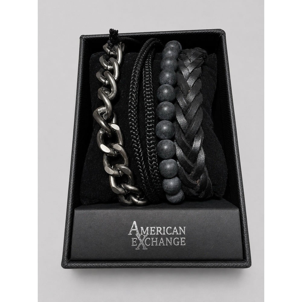 C0041-American Exchange Men's 4-Piece Bracelet Set Black Chain Beaded New